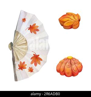 Handgezeichnetes Aquarell-Set traditioneller japanischer Süßigkeiten. Herbst Nerikiri Wagashi mit Ventilator. Isoliert auf weißem Hintergrund. Design für Einladungen Stockfoto