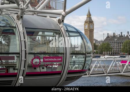 Hütte London Eye, Themse, Big Ben, Houses of Parliament, Palace of Westminster, London, England, Vereinigtes Königreich Stockfoto