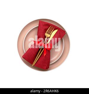 Goldenes Besteck auf roter Serviette und Teller. Das Objekt wird auf weißem Hintergrund isoliert. Blick von oben. Flach liegendes Design. Draufsicht. Tischmesser und Gabel Stockfoto