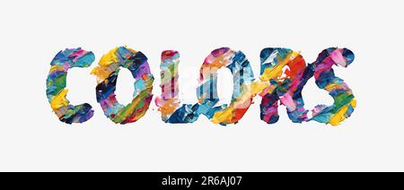 Farben, Wörter aus mehrfarbigen Pinselstrichen, Großbuchstaben, 3D-Rendering Stockfoto