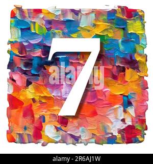 Weiße Zahl auf mehrfarbigem Hintergrund aus Malerei, 3D-Rendering, sieben Stockfoto