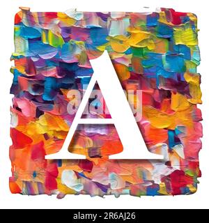 Weißer Buchstabe auf mehrfarbigem Hintergrund aus Acrylfarbe, Pinselstrich, 3D-Rendering Stockfoto