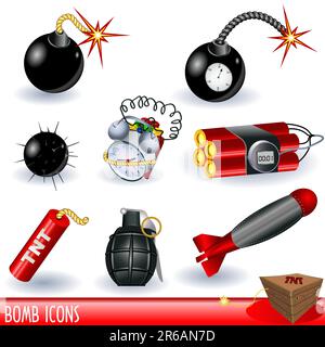 Eine Sammlung von Bombensymbolen, Farbdarstellung isoliert auf weißem Hintergrund. Stock Vektor