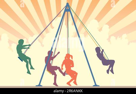 Bunte editierbare Vector Silhouetten von Kindern auf dem Spielplatz Schaukeln mit Himmelshintergrund Stock Vektor