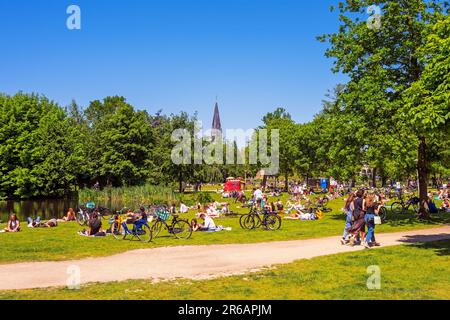 Am sonnigen samstagnachmittag im Juni entspannen und sonnen Sie sich im Vondelpark in Amsterdam, Niederlande Stockfoto