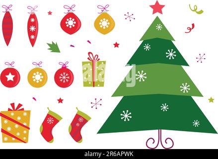 Weihnachtssymbole Set: weihnachtsbaum, Geschenke und Bälle. Auf weißem Hintergrund isolierte Vektorelemente. Stock Vektor