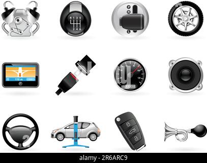Fahrzeugoptionen, Zubehör und Funktionen Symbolsatz Stock Vektor