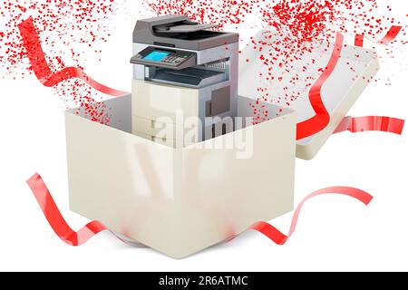Multifunktionsdrucker im Büro MFP in Geschenkbox, 3D-Rendering isoliert auf weißem Hintergrund Stockfoto
