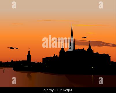 Silhouette von Stockholm bei Sonnenuntergang, Rathaus, Riddarholm Kathedrale. Schweden Stock Vektor