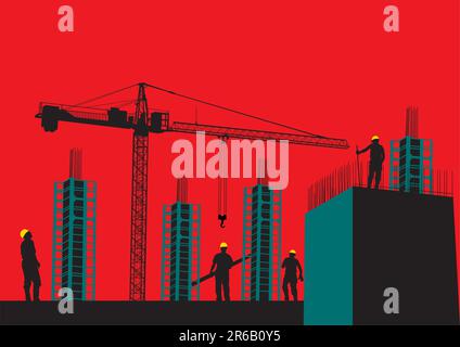 Silhouette der Baustelle mit Arbeitern und Gerüste Stock Vektor