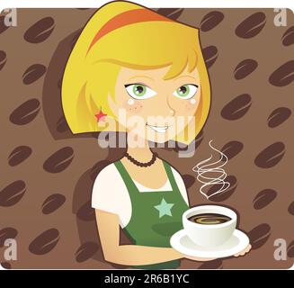 Vektorabbildung einer süßen Barista in einem Café, die ein Dampfgetränk serviert. Hintergrund ist ein Muster von Kaffeebohnen. Stock Vektor