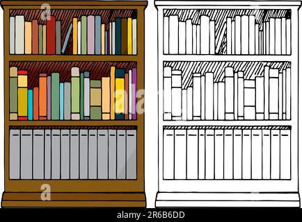 Verschiedene Arten von leeren Büchern, die in einem 3-stöckigen Holzregal in Farbe und Schwarz platziert werden. Stock Vektor