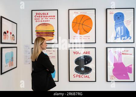 London, Großbritannien. 8. Juni 2023 Ein Mitarbeiter sieht sich Drucke in einer Vorschau von Werken in einer eigenständigen Online-Auktion an, die für Werke von David Shrigley vorgesehen ist, einschließlich Werken auf Papier, Drucke und Kombiwetten. Die Auktion findet am Phillips.com vom 7. Bis 14. Juni statt, wobei vom 10. Bis 12. Juni in den Londoner Galerien von Phillips auf dem Berkeley Square die wichtigsten Verkaufspunkte zu sehen sind. Kredit: Stephen Chung / Alamy Live News Stockfoto
