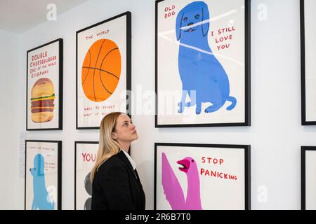 London, Großbritannien. 8. Juni 2023 Ein Mitarbeiter sieht sich Drucke in einer Vorschau von Werken in einer eigenständigen Online-Auktion an, die für Werke von David Shrigley vorgesehen ist, einschließlich Werken auf Papier, Drucke und Kombiwetten. Die Auktion findet am Phillips.com vom 7. Bis 14. Juni statt, wobei vom 10. Bis 12. Juni in den Londoner Galerien von Phillips auf dem Berkeley Square die wichtigsten Verkaufspunkte zu sehen sind. Kredit: Stephen Chung / Alamy Live News Stockfoto