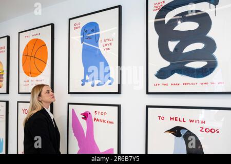 London, Großbritannien. 8. Juni 2023 Ein Mitarbeiter sieht sich Drucke in einer Vorschau von Werken in einer eigenständigen Online-Auktion an, die für Werke von David Shrigley vorgesehen ist, einschließlich Werken auf Papier, Drucke und Kombiwetten. Die Auktion findet am Phillips.com vom 7. Bis 14. Juni statt, wobei vom 10. Bis 12. Juni in den Londoner Galerien von Phillips auf dem Berkeley Square die wichtigsten Verkaufspunkte zu sehen sind. Kredit: Stephen Chung / Alamy Live News Stockfoto