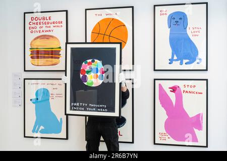 London, Großbritannien. 8. Juni 2023 Ein Techniker hängt einen Druck bei einer Vorschau von Werken in einer eigenständigen Online-Auktion für Werke von David Shrigley auf, einschließlich Arbeiten auf Papier, Drucke und Kombiwetten. Die Auktion findet am Phillips.com vom 7. Bis 14. Juni statt, wobei vom 10. Bis 12. Juni in den Londoner Galerien von Phillips auf dem Berkeley Square die wichtigsten Verkaufspunkte zu sehen sind. Kredit: Stephen Chung / Alamy Live News Stockfoto
