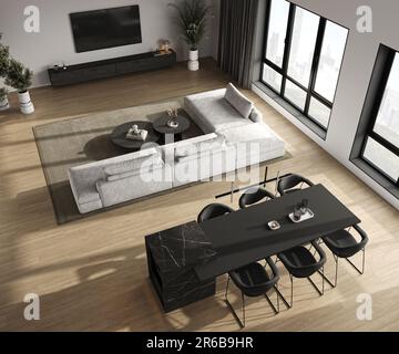 Modernes, minimalistisches Wohnzimmer in Grau mit großem modularem Sofa, Panoramafenstern mit Stadtblick und einer Marmorküche. 3D-Rendering. Hoch Stockfoto