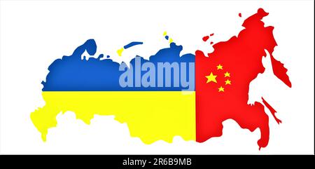 Die Karte der Russischen Föderation einige Zeit später nach dem Krieg. Das Gebiet, das zwischen der Ukraine und China aufgeteilt ist. Geeignete Illustration für Politik Stockfoto