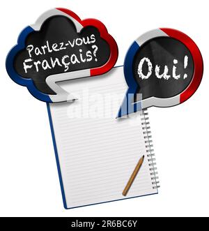 Zwei Sprechblasen mit französischer Flagge und Fragezeichen von Parlez-vous Francais? Und Oui! Sprechen Sie Französisch? Und ja!). Leeres Notizbuch mit Kopierbereich. Stockfoto