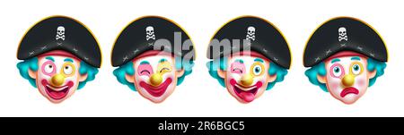 Piraten-Clown-Charaktere im Vektorset-Design. Halloween- und Geburtstagskostüm- und Maskottchen-Kollektion. Vektorgrafik-Clown-Piratenfigur Stock Vektor