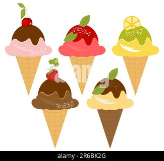 Vector Ice-Cream mit verschiedenen Geschmacksrichtungen stilvolles Set Stock Vektor