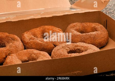 Frische Apfel-Zimt-Donuts in einer Schachtel. Stockfoto