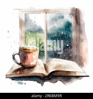Aquarellmalerei Tasse Kaffee und Buch am Fenster, Buch neben einer Tasse Tee vor einem regnerischen Fenster öffnen Stockfoto