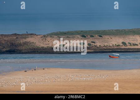 Ein Boot in der Lagune in den von Sidi Moussa-Oualidia RAMSAR geschützten Feuchtgebieten in der Nähe der Stadt Oualidia in Marokko Stockfoto