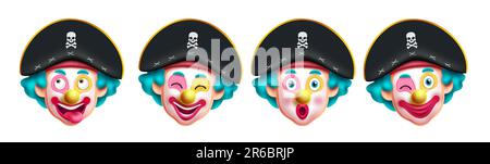 Clown-Piratenfiguren-Vektorset-Design. Piraten-Clown-Kostüm zum Geburtstag und zur halloween-Party. Vektorbildner Maskottchen-Kopf Stock Vektor