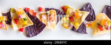 Ein Grenzblick auf blaue und gelbe Corn Tortilla Chips garniert mit hausgemachter Salsa. Stockfoto