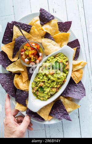 Blaue und gelbe Corn Tortilla Chips serviert mit hausgemachter Guacamole und Salsa. Stockfoto