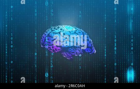 Microchip ist in das menschliche Gehirn implantiert. Nervenimplantate. Gehirn-Computer-Schnittstelle. Neuron-Technologie-Konzept - Illustration Stockfoto
