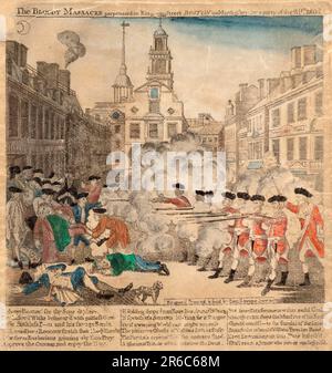 Boston Massaker, Boston Massaker, ein Vorfall während der amerikanischen Revolution am 5. März 1770, bei dem fünf Zivilisten von britischen Truppen getötet wurden. Das Ereignis wurde zu Propagandazwecken als Massaker bezeichnet und diente als Leuchtfeuer für Gruppen, die die Unabhängigkeit für die Kolonien anstrebten, und trug zum Ausbruch des amerikanischen Unabhängigkeitskrieges bei. Eine historische, digital restaurierte Reproduktion eines Originals aus dem 19. Jahrhundert / Massaker von Boston, Boston Massaker, Ein Vorfall während der Amerikanischen Revolution am 5. März 1770, bei dem fünf Zivilisten von britischen Truppen töten wurden. Das zum Zweck der P. Stockfoto