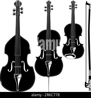 Saiteninstrumente in detaillierter Vektorsilhouette. Das Set enthält Violine, Violine, Cello, aufrechte Bässe und Schleife. Stock Vektor