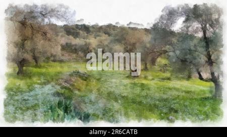 Farbenfrohe Darstellung des Olivenanbaufelds mit hügeligem Hintergrund. Stockfoto