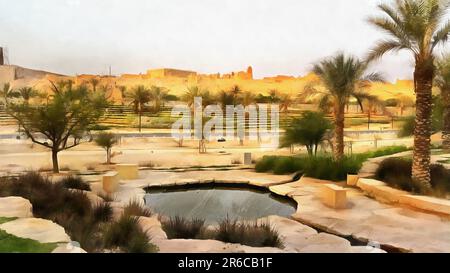 Eine Illustration der traditionellen arabischen Stadt, in Saudi-arabien, Aldereya Gegend in Riad Stadt. Stockfoto