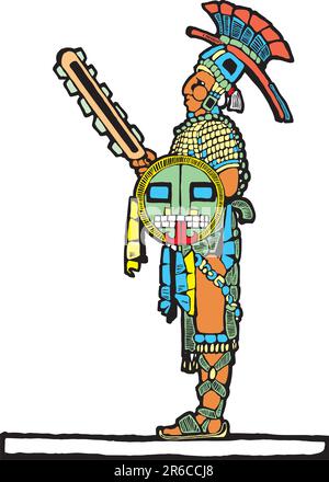 Maya-Krieger, entworfen nach der mesoamerikanischen Töpferei und Tempelbildern. Stock Vektor