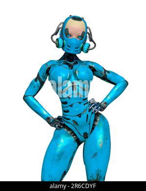 Super Gynoid macht eine Power-Comic-Pose, 3D-Darstellung Stockfoto