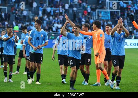 La Plata, Argentinien. 8. Juni 2023. Spieler aus Uruguay feiern nach dem Sieg des Halbfinalspiels der FIFA U20 im Diego Maradona Stadium ( Kredit: Néstor J. Beremblum/Alamy Live News Stockfoto