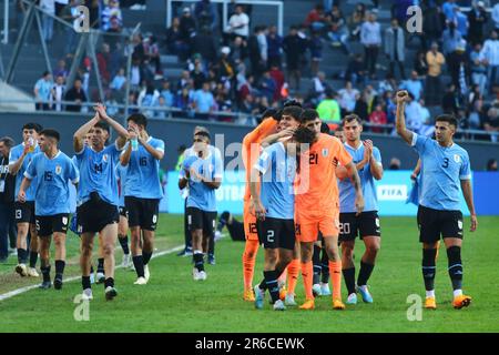 La Plata, Argentinien. 8. Juni 2023. Spieler aus Uruguay feiern nach dem Sieg des Halbfinalspiels der FIFA U20 im Diego Maradona Stadium ( Kredit: Néstor J. Beremblum/Alamy Live News Stockfoto