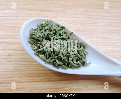 Gewürz - Fenchelsamen. Fenchel (Foeniculum vulgare) ist eine blühende Pflanzenart der Familie der Apiaceae. Es ist ein sehr aromatisches und aromatisches Gewürz. Stockfoto