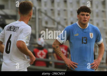 La Plata, Argentinien. 08. Juni 2023. Alan Matturro aus Uruguay, während des Spiels zwischen Uruguay und Israel zur Halbfinale der FIFA U-20 Weltmeisterschaft Argentinien 2023, am 08. Juni im Ciudad de La Plata Stadion in La Plata, Argentinien. Foto: Pool Pelaez Burga/DiaEsportivo/DiaEsportivo/Alamy Live News Kredit: DiaEsportivo/Alamy Live News Stockfoto