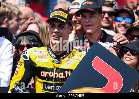 Misano Adriatico, Italien. 03. Juni 2023. Michael Ruben Rinaldi von Aruba.it Racing - Ducati feiert während der FIM SBK Superbike World Championship Pirelli Emilia-Romagna Runde auf dem Misano World Circuit. (Foto: Fabrizio Carabelli/SOPA Images/Sipa USA) Guthaben: SIPA USA/Alamy Live News Stockfoto