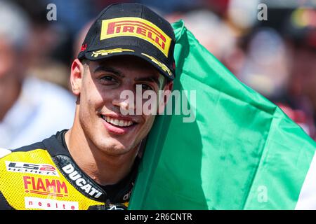 Misano Adriatico, Italien. 03. Juni 2023. Michael Ruben Rinaldi von Aruba.it Racing - Ducati feiert während der FIM SBK Superbike World Championship Pirelli Emilia-Romagna Runde auf dem Misano World Circuit. (Foto: Fabrizio Carabelli/SOPA Images/Sipa USA) Guthaben: SIPA USA/Alamy Live News Stockfoto