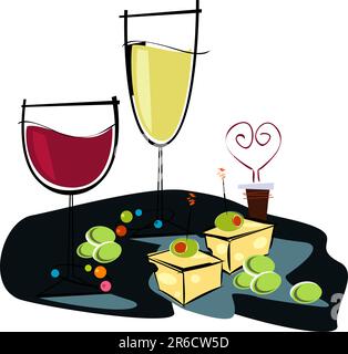 Retro-Stil-Cocktailspot Illustration: Wein und Käse Stock Vektor