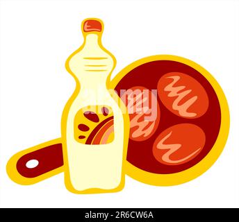 Flasche Pflanzenöl und Bratpfanne mit isolierten Schnitzeln auf weißem Hintergrund. Stock Vektor