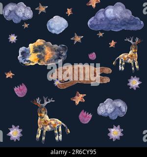 Handgemalte, wasserfarbene Wildtiere mit Silhouettenmuster Stockfoto