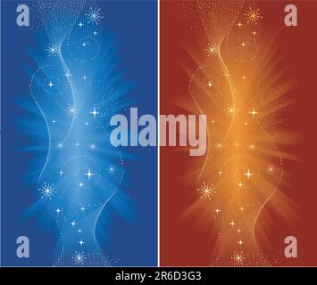 Festlicher Hintergrund für Weihnachten, Silvester usw. mit Spiralen, Wirbeln und Sternen in Rot, Orange und Blau. Verwendung von Angleichungen, globalen Farben. Stock Vektor