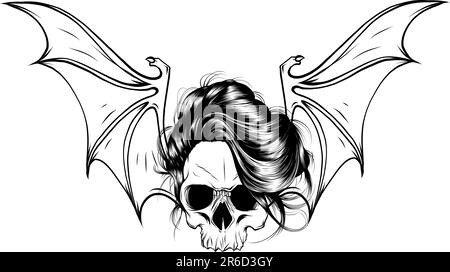 Handgezeichneter Vampirschädel mit Fledermausflügeln. Vektordarstellung für Halloween-Süßes oder -Leckereien Stock Vektor