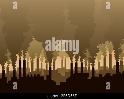 Industrielle Landschaft mit einer Silhouette einer Fabrik und Rauchende Schlote Stock Vektor